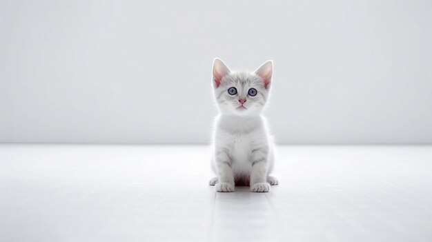 Foto un gatito blanco con ojos azules se sienta en un suelo blanco.