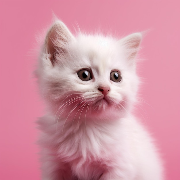un gatito blanco con ojos verdes y fondo rosa