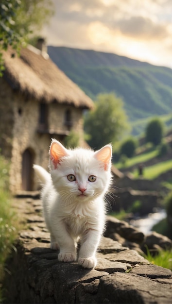 un gatito blanco con orejas rosas se encuentra en una pared de piedra