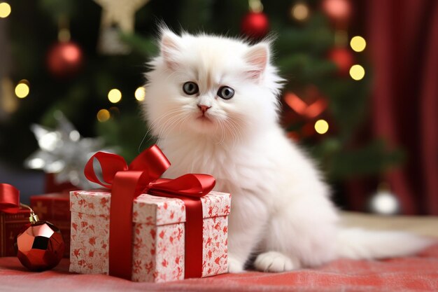 Gatito blanco en un regalo de Navidad