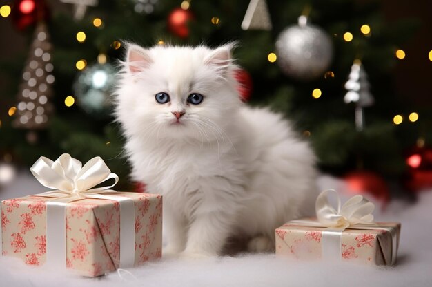 Gatito blanco en un regalo de Navidad