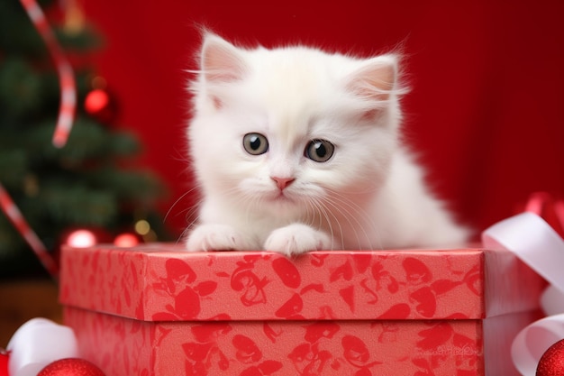 Gatito blanco en un regalo de Navidad