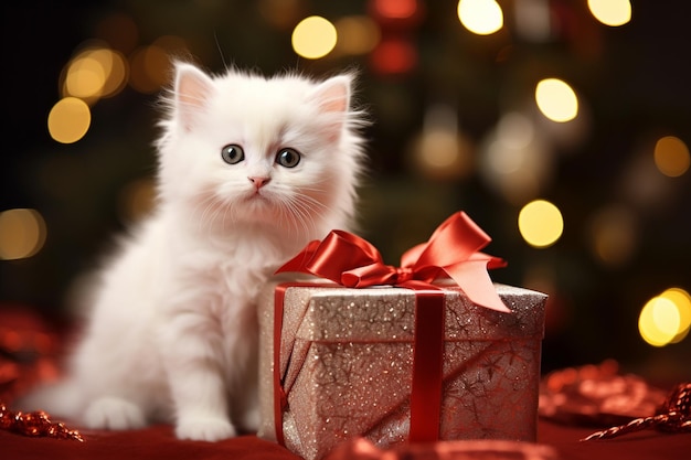 Gatito blanco en un regalo de Navidad