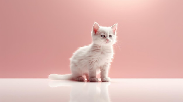 Un gatito blanco se sienta sobre un fondo rosa.