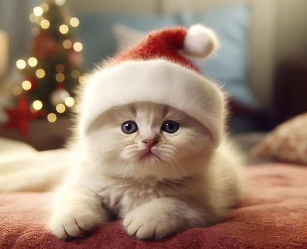 Un gatito blanco con un sombrero de Santa se sienta frente a un árbol de Navidad