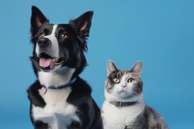 Gatito británico de pelo corto y un perro collie fronterizo con expresión feliz juntos en una pancarta de fondo azul enmarcada mirando a la cámara