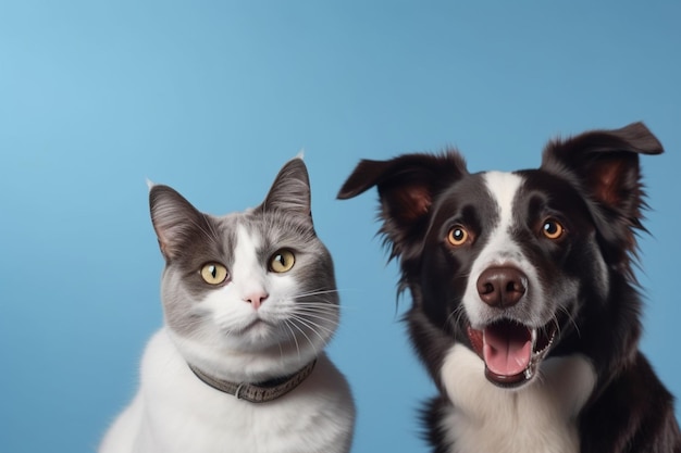 Gatito británico de pelo corto y un perro collie fronterizo con expresión feliz juntos en una pancarta de fondo azul enmarcada mirando a la cámara