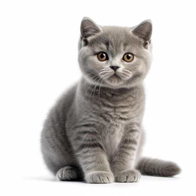 gatito británico de pelo corto sentado y mirando sobre fondo blanco