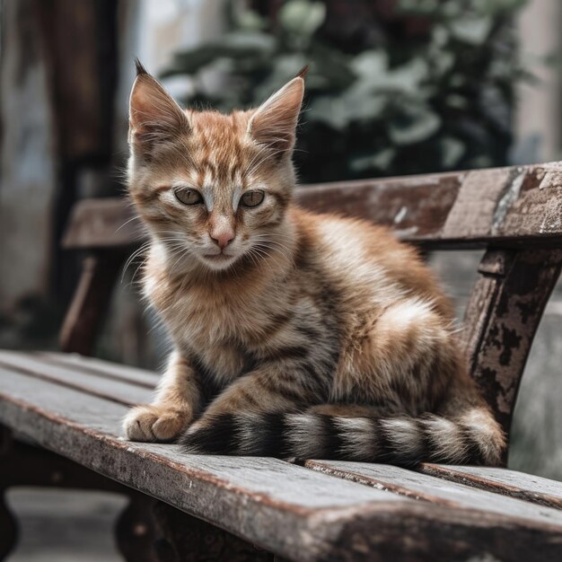 Gatito callejero en un banco