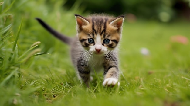 Un gatito caminando sobre la hierba