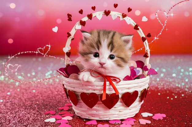 Un gatito en una canasta con corazones y un fondo rojo con un gatito en él
