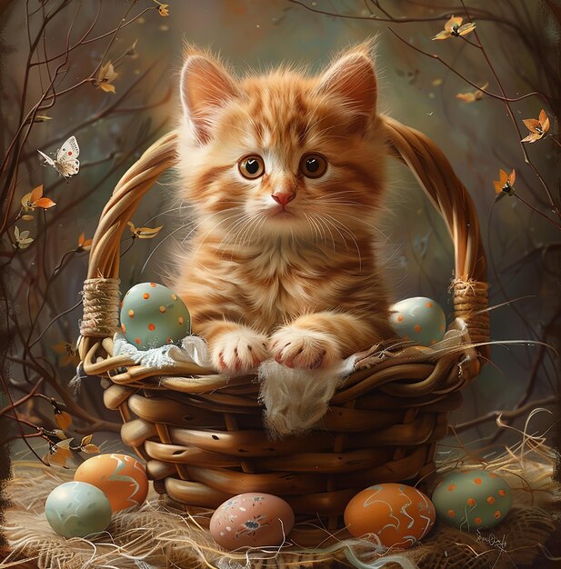 un gatito en una canasta con huevos de colores genitivo ai