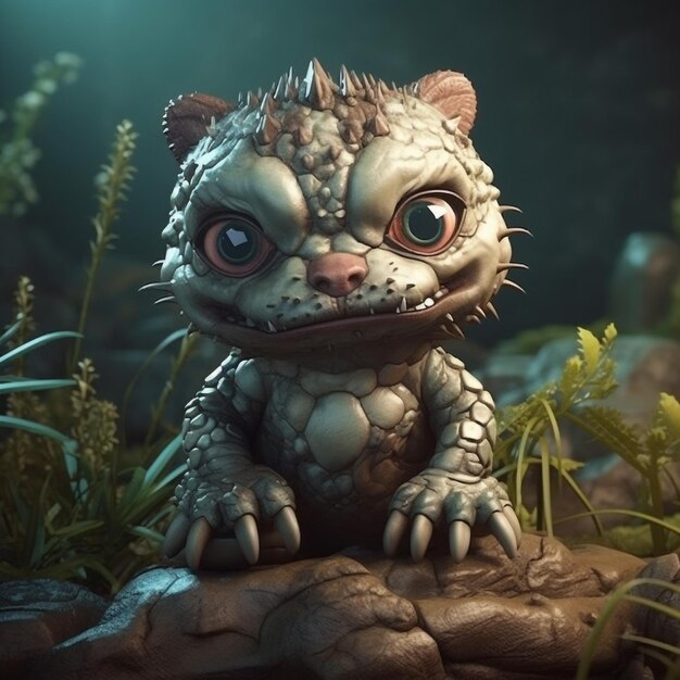 Un gatito chibi espeluznante con un cuerpo de cocodrilo en la montaña.