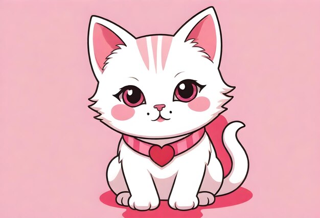 un gatito con un corazón en su pecho se sienta en un fondo rosa