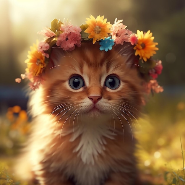 Un gatito con una corona de flores en la cabeza.