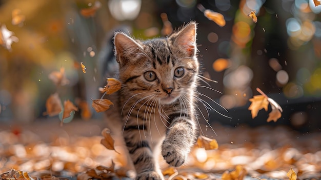 Un gatito corriendo juguetón por una pila de hojas