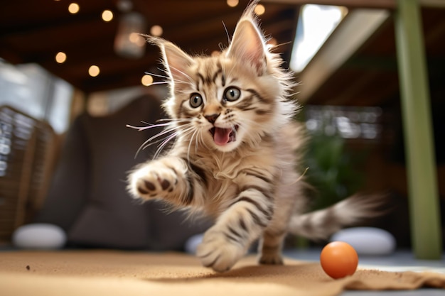 un gatito corriendo hacia una pelota en el suelo