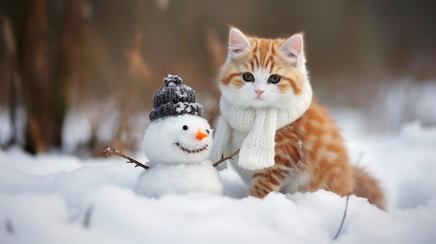 Un gatito creando con entusiasmo un muñeco de nieve.