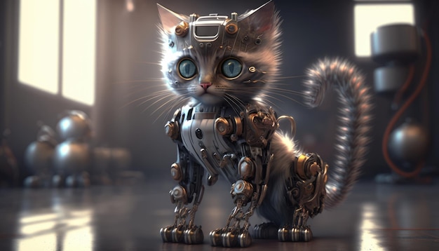 Un gatito con cuerpo y piernas de robot.