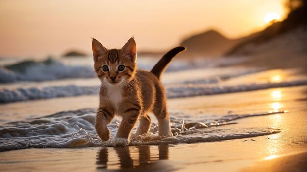 Un gatito curioso camina por la playa al atardecer su reflejo visible en la arena húmeda