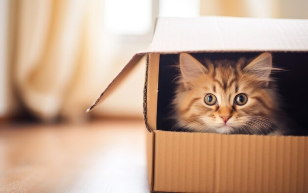 Foto un gatito curioso que se revela jugosamente en una caja de cartón