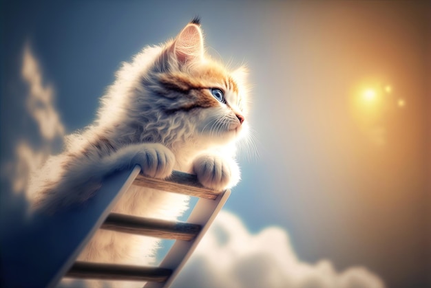 Gatito curioso subiendo la escalera al cielo con nubes Lindo gato pequeño en la escalera AI generado