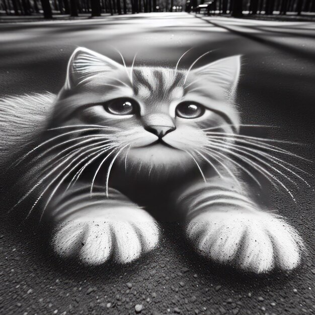 Un gatito dibujado en el asfalto