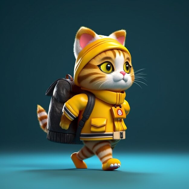 Gatito de dibujos animados en 3D con pañuelo amarillo camina por la calle con mochila en su bolso