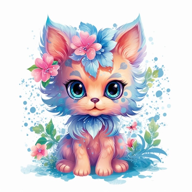 Gatito de dibujos animados con flores en el pelo sentado en el suelo ai generativo