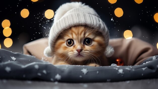 Un gatito divertido en un sombrero de año nuevo feliz espera y preparación para el año nuevo y Navidad