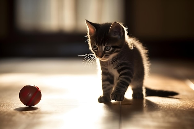Gatito doméstico feliz juega con una pelota en el apartamento sobre un fondo claro generado por IA