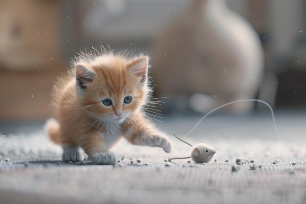 Un gatito dulce golpeando a un ratón de juguete