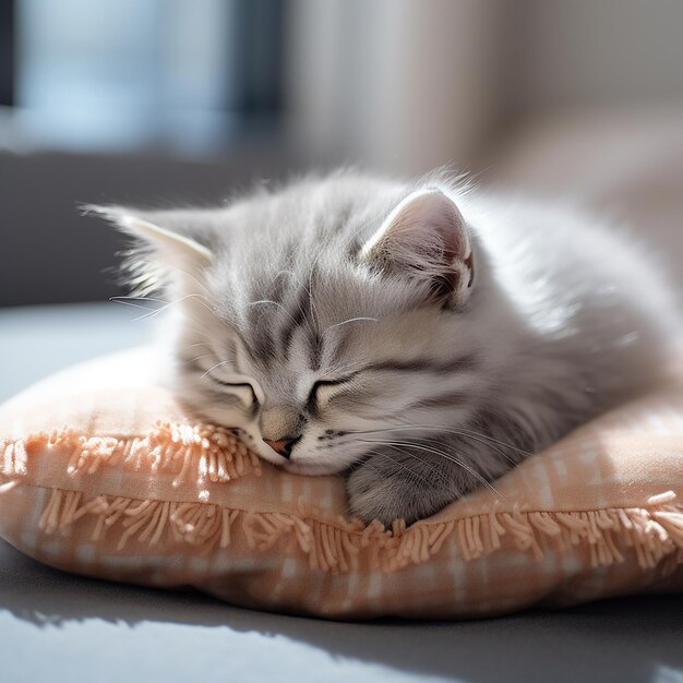 Un gatito durmiendo en una almohada suave Una linda y serena siesta felina