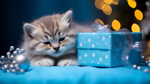 Foto el gatito está durmiendo en una caja de navidad.