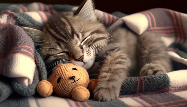 Un gatito durmiendo con un oso de peluche