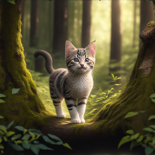 Un gatito se encuentra en el hermoso bosque generado por Ai