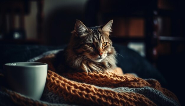 Gatito esponjoso descansando sobre una almohada suave en el interior generado por IA