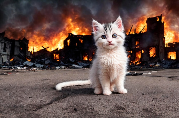 Gatito esponjoso en el fondo de la ciudad en ruinas después de la guerra IA generativa