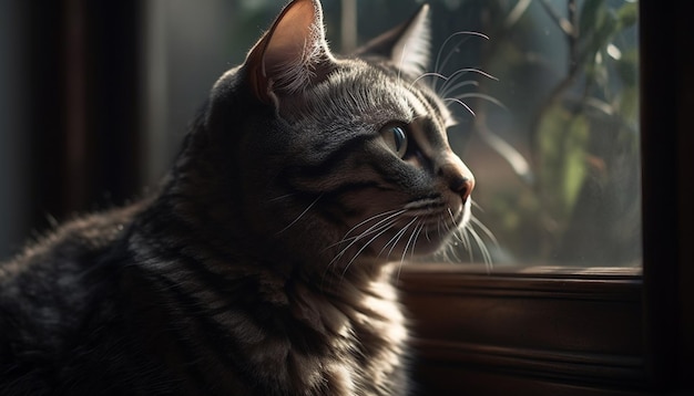 Gatito esponjoso mirando por la ventana con bigotes moviéndose con curiosidad generados por inteligencia artificial