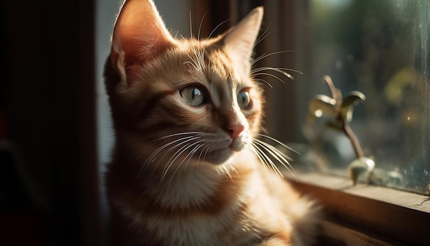 Gatito esponjoso mirando por la ventana a la luz del sol generada por IA