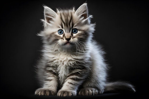 Un gatito esponjoso con ojos azules se sienta sobre un fondo negro.