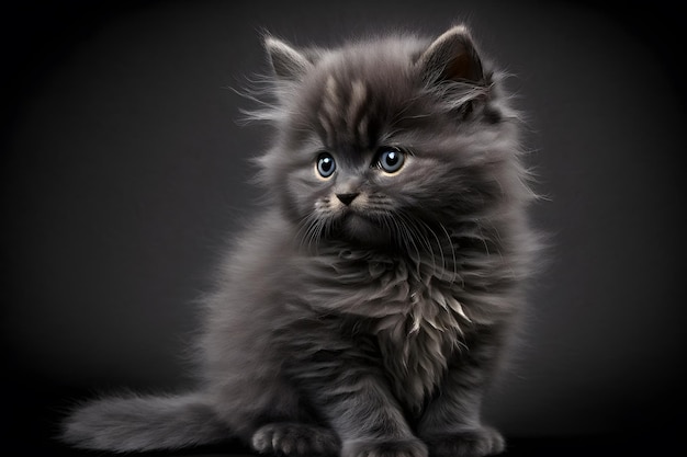 Un gatito esponjoso con ojos azules se sienta sobre un fondo oscuro.