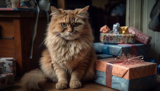 Gatito esponjoso y persa mimado celebran amistad generada por IA