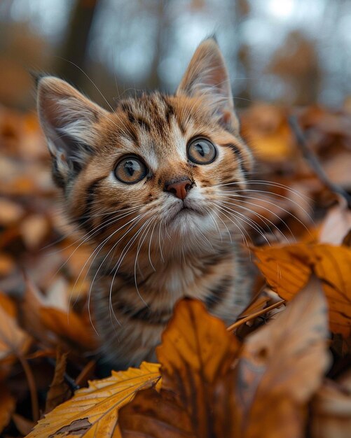 Un gatito esponjoso que asoma desde el fondo de la pila