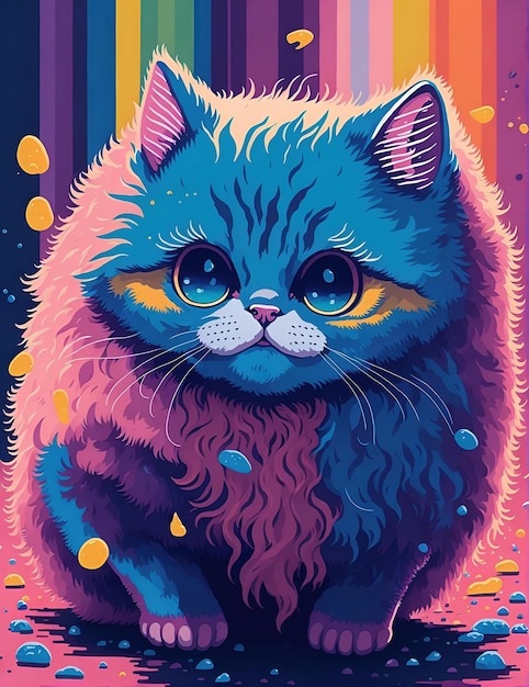 Un gatito esponjoso rodeado de coloridos toques de arco iris de ilustración de pintura digital en color