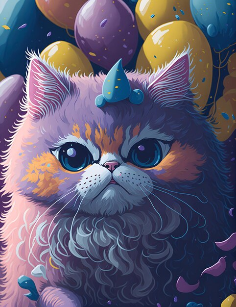 Un gatito esponjoso rodeado de globos de colores y confeti ilustración de pintura digital