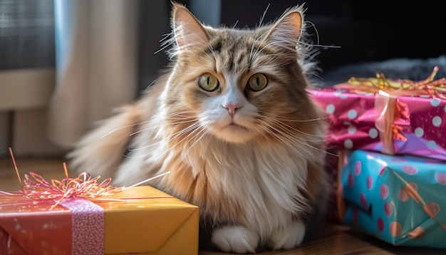 Gatito esponjoso sentado en una caja de regalo en el interior generado por IA