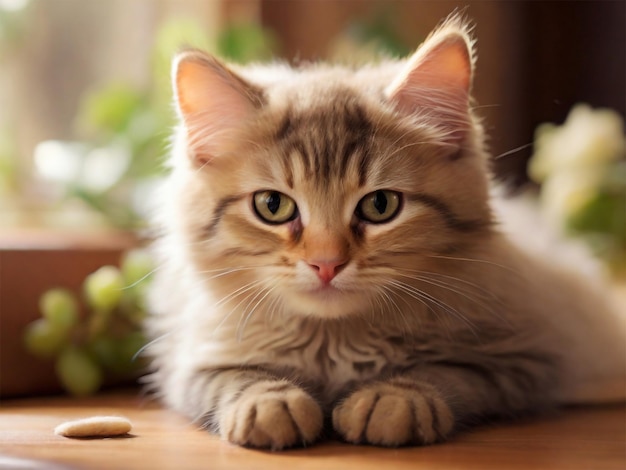 un gatito está acostado en una mesa con una flor en el fondo