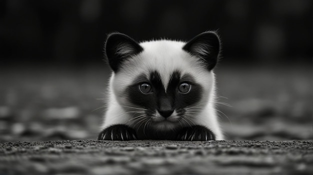 un gatito está acostado en el suelo con una cara negra y blanca