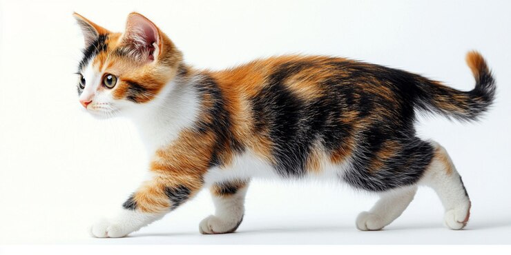 un gatito está caminando sobre un fondo blanco